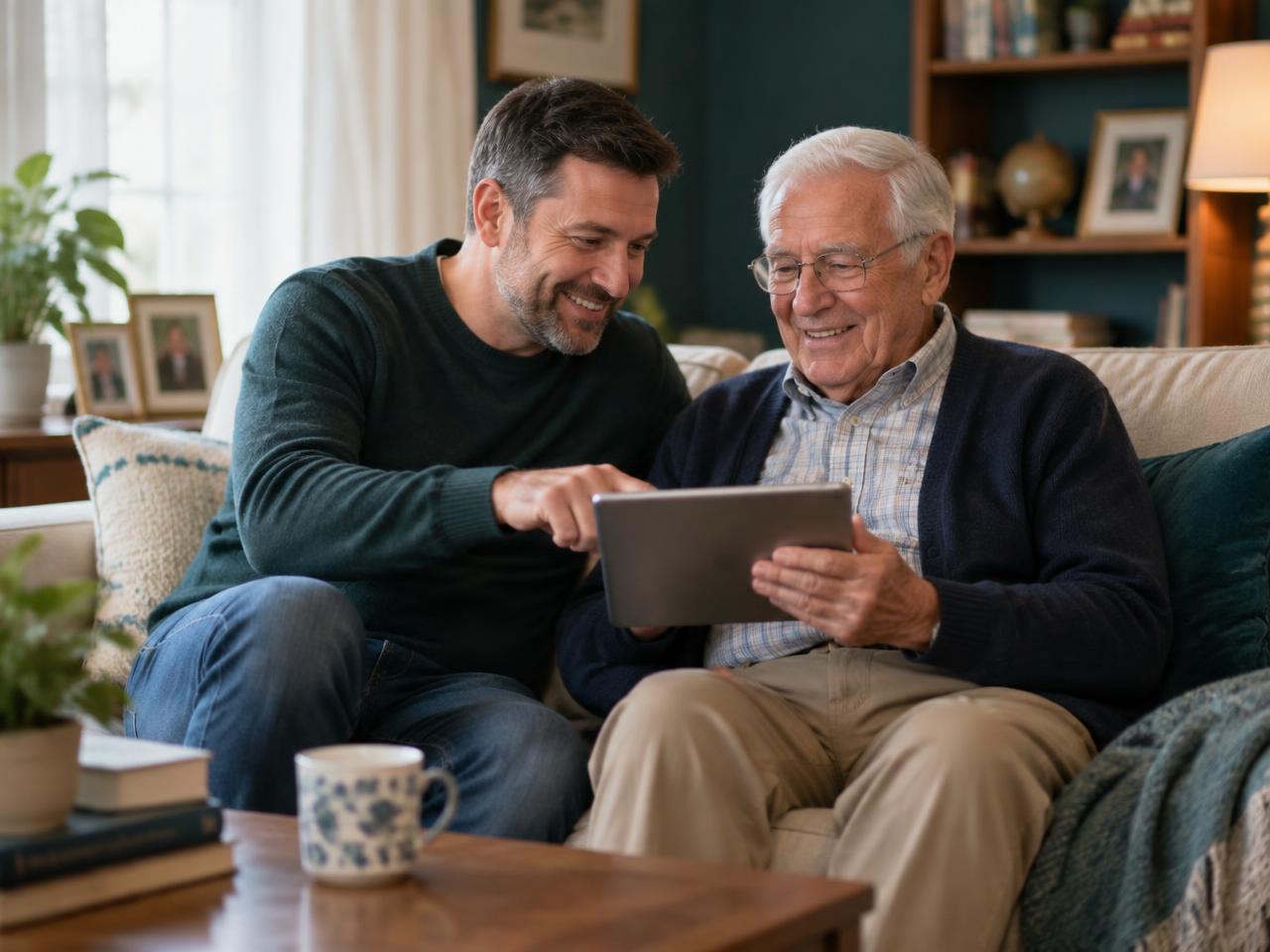 Erwachsener Sohn hilft seinem Vater am Tablet im Wohnzimmer