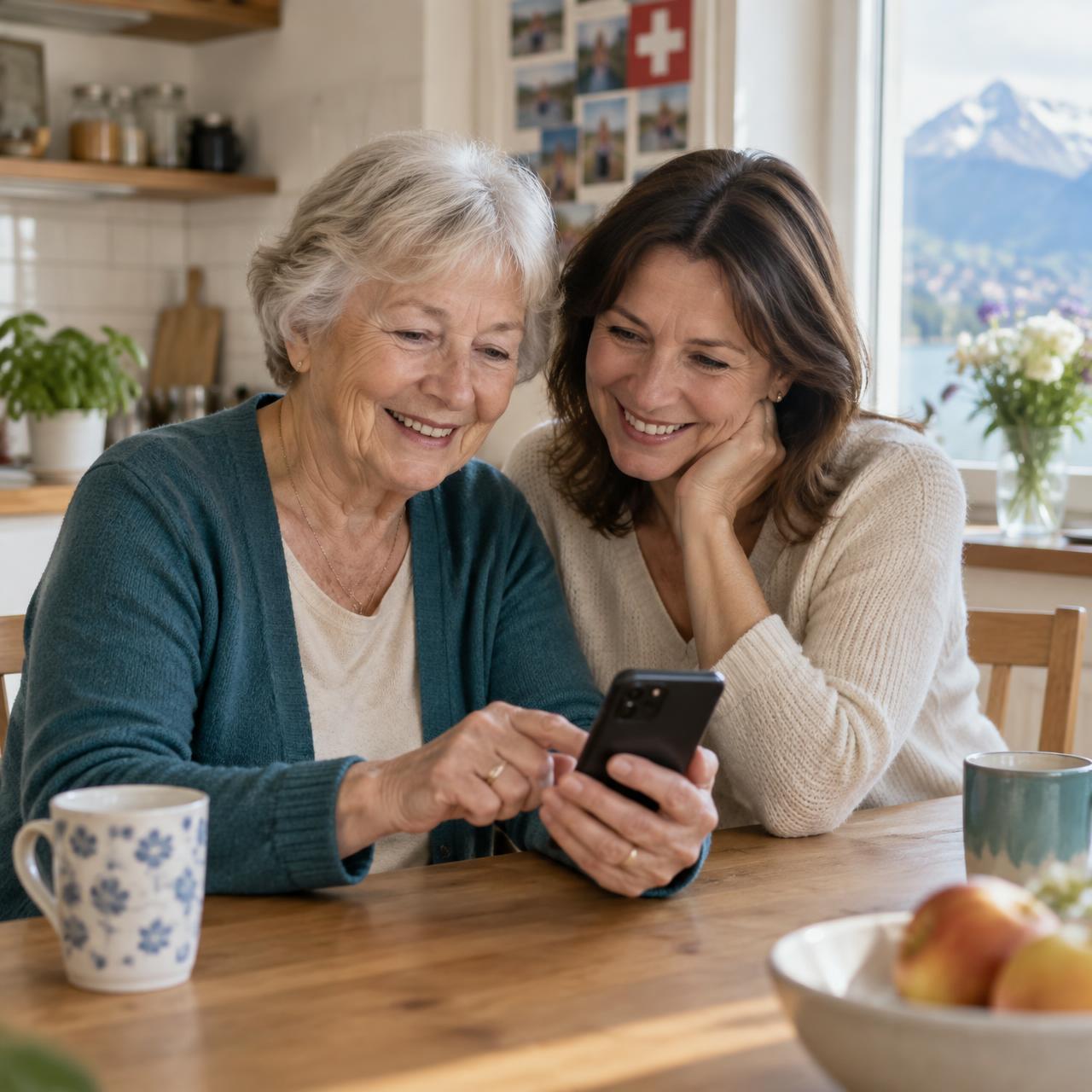 Ältere Frau und ihre erwachsene Tochter schauen gemeinsam lächelnd auf ein Smartphone